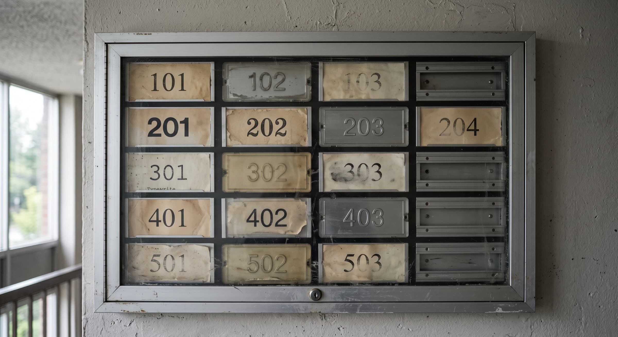 A unit directory behind scratched glass, its slips of paper hand written and mismatched