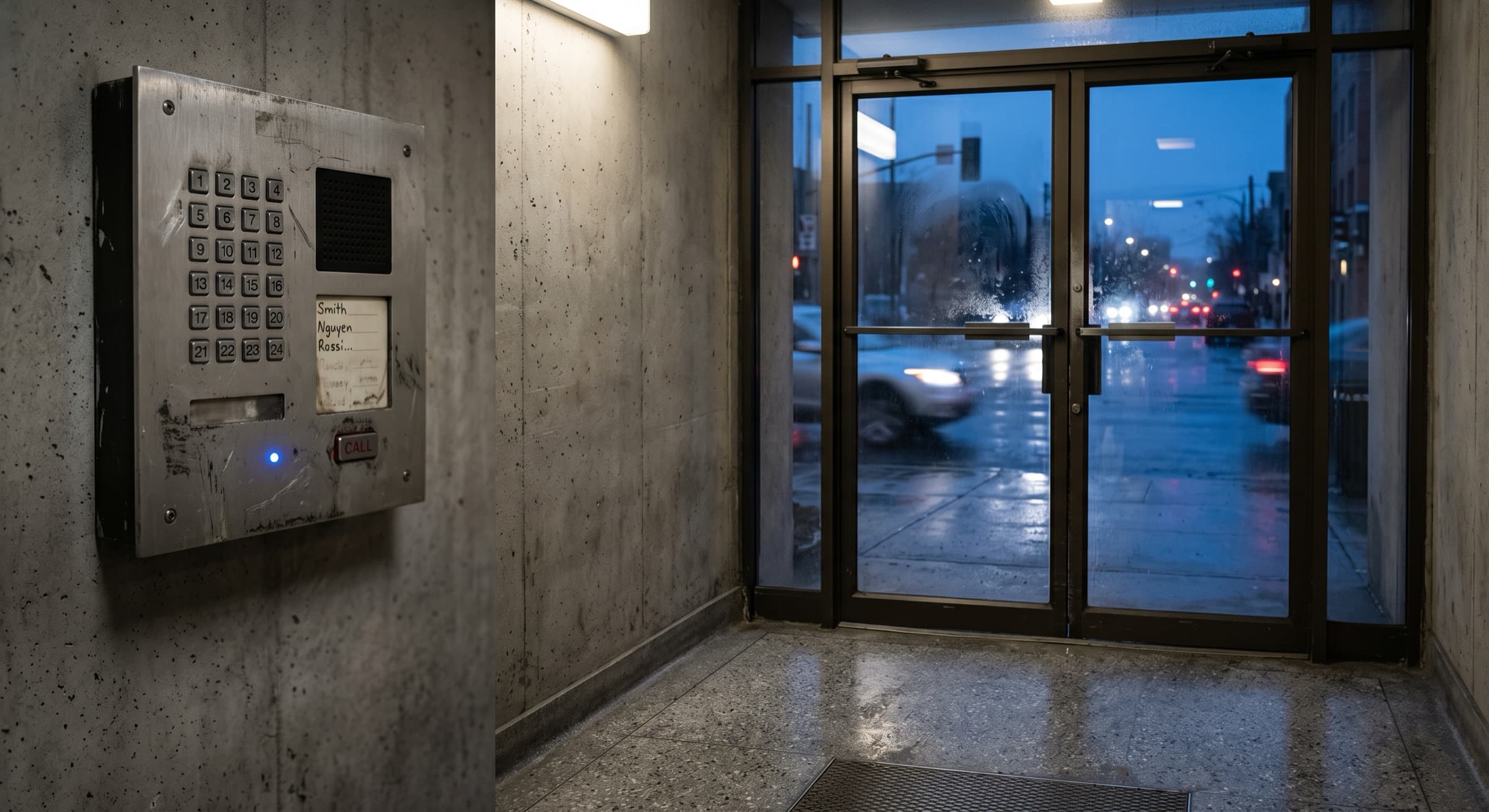 An apartment vestibule at dusk, a scuffed steel intercom panel on the concrete wall and a wet street through the glass doors