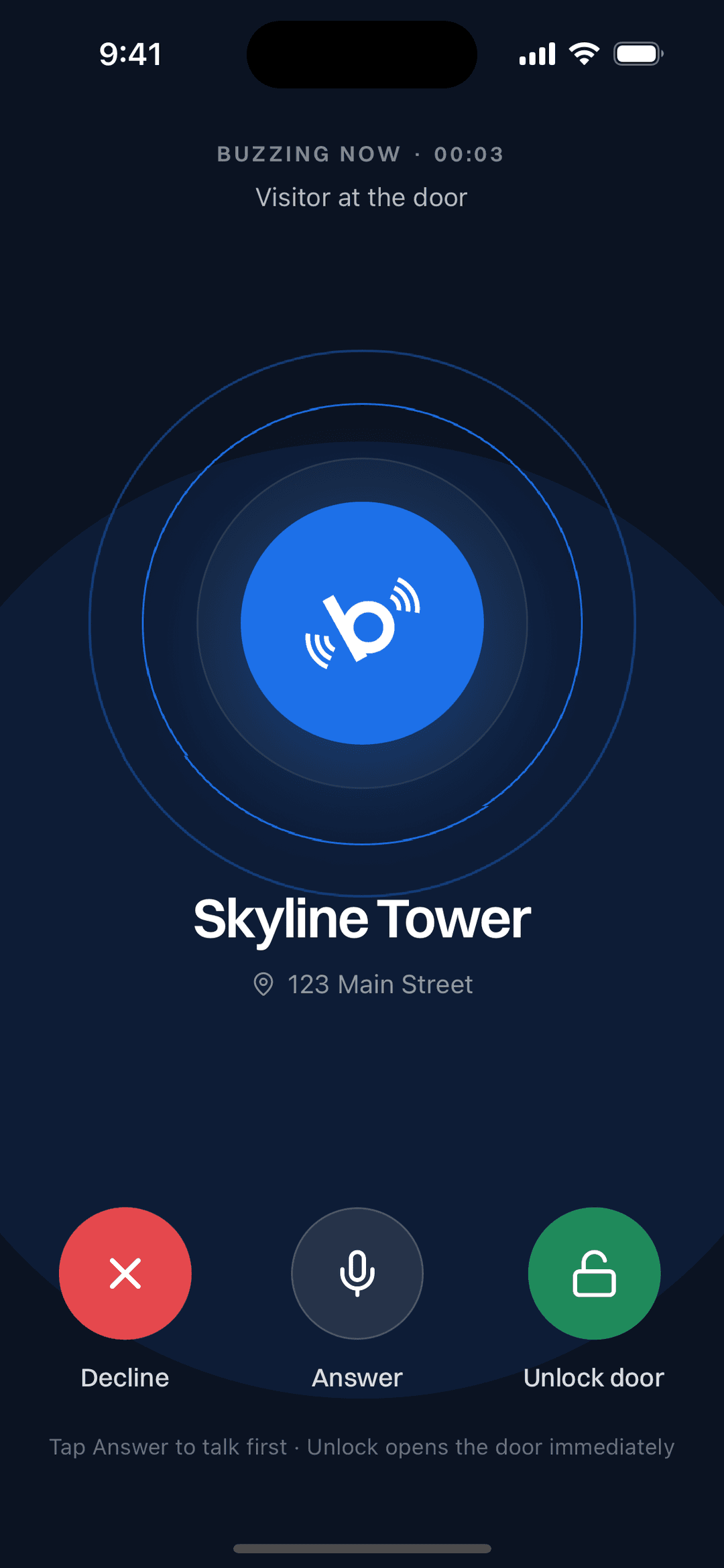 The BuzzMeUp app showing a live buzz, with Decline, Answer and Unlock door actions