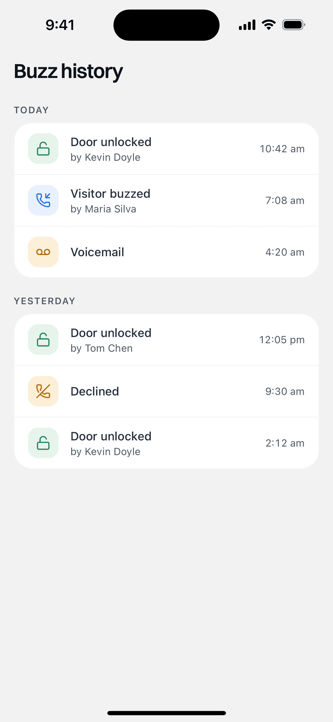 The BuzzMeUp buzz history screen, listing past visitors with times and outcomes