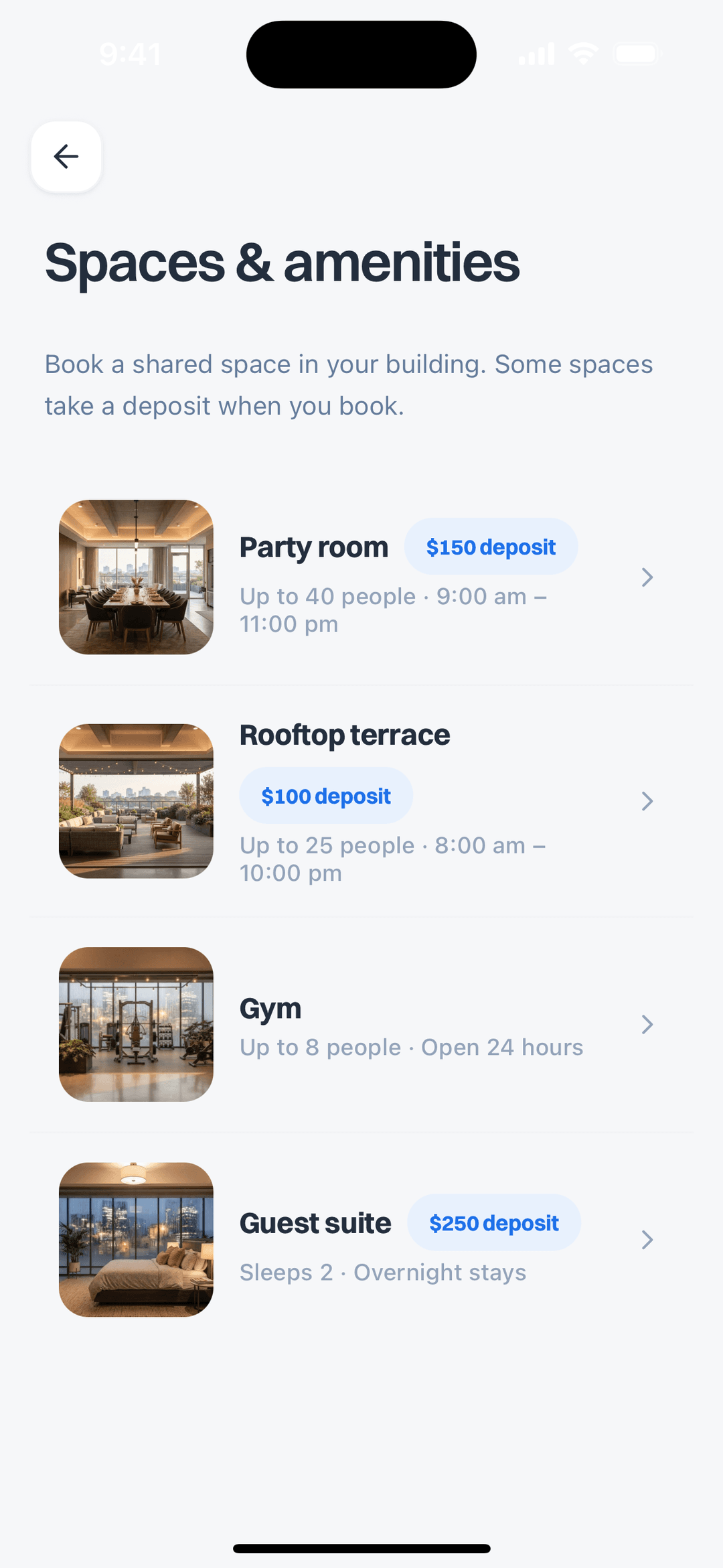 The BuzzMeUp amenity booking screen, showing bookable building spaces and their times