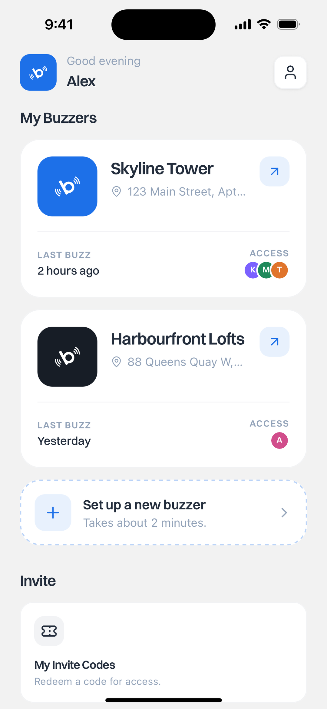 The Buzz Me Up app home screen, listing two buzzers with their last buzz time and who has access, plus a "Set up a new buzzer" option noting it takes about two minutes