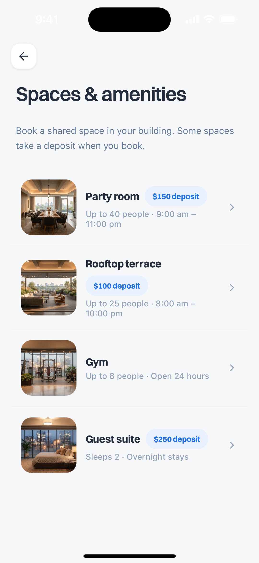 The Buzz Me Up spaces and amenities screen, listing a party room, rooftop terrace, gym and guest suite with deposits, capacity and opening hours